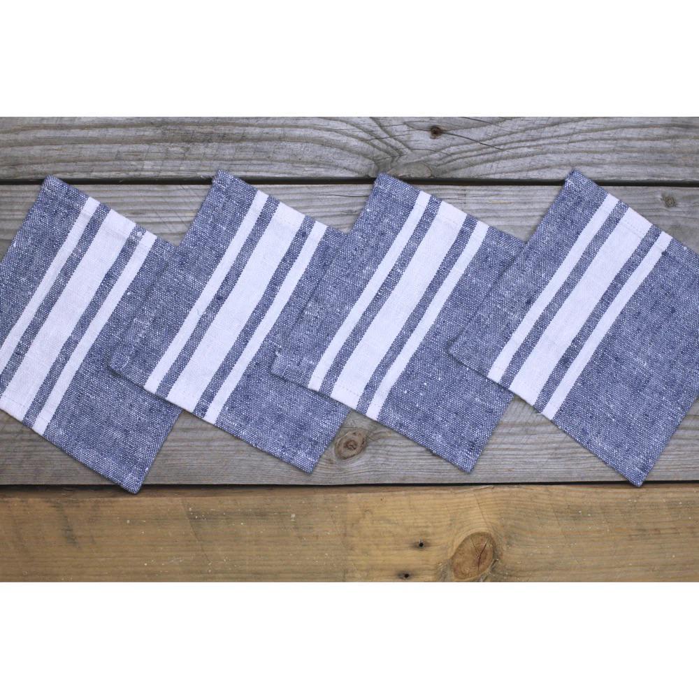 Linen Cocktail Napkin Blue w/ Wht Stripe